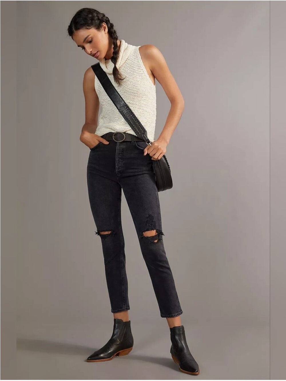 American Eagle Outfitters Washed Black High-Rise Ripped Ankle Jeans
